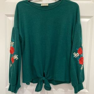 Ces Femme rose floral embroidery sleeve green tie bottom sweater Women’s L large